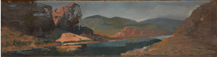Luis De Servi, Paisaje soleado con montaña, ca. 1887, óleo (mural sobre chapazinc), 50 x 190 cm. Bruno Pianzola, Laboratorio de Fotografía del Museo de CienciasNaturales, Universidad Nacional de La Plata, La Plata.